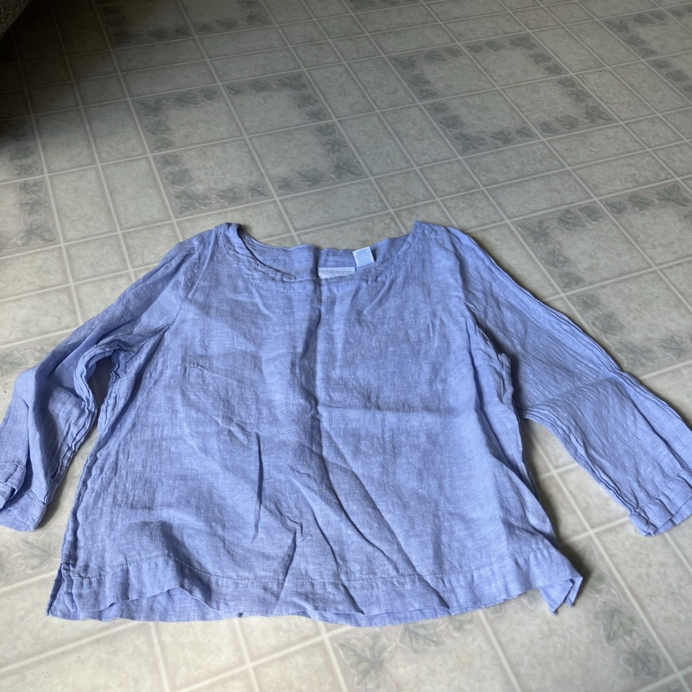 Martha Stewart 100% Linen 3/4 Slv Blouse Blue Sz Large Euro Summer Loose Casual